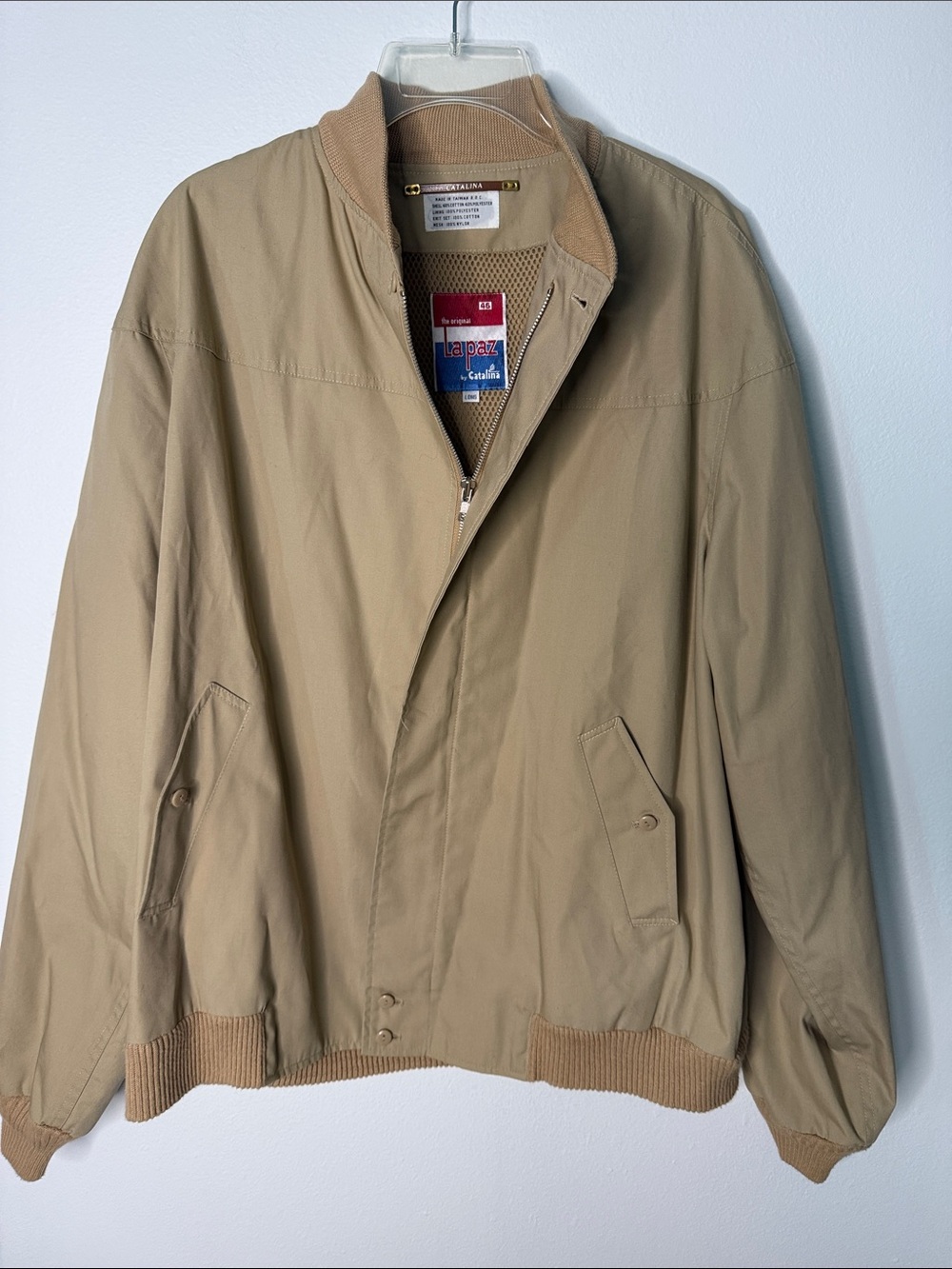 Vintage 80s Catalina La Paz Tan Bomber Jacket XL Tall Size 46 Zip Front Like New